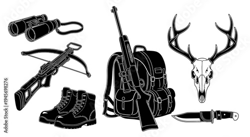 Black and white line art of hunting equipment and deer skull