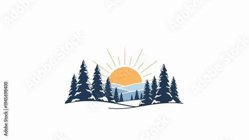 Winter sunrise over snow-covered evergreen trees and rolling hills