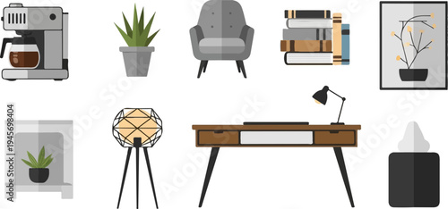 Flat illustrations of home office and living room items