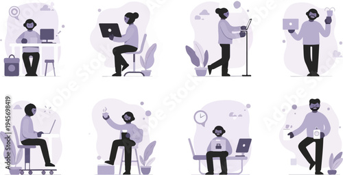 Diverse individuals engaged in various remote work and daily activities