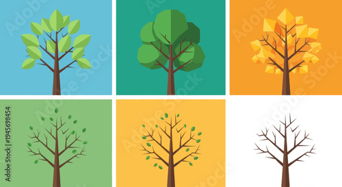 Flat Style Seasonal Tree Cycle Illustration from Spring to Winter