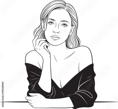 Elegant line drawing of a pensive woman with hand on chin, exuding sophistication and beauty in a black and white style
