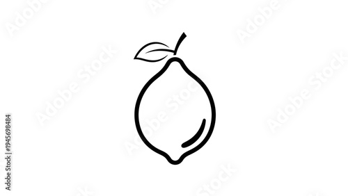 Simple Line Art Icon of a Fresh Lemon with Leaf and Stem on White Background