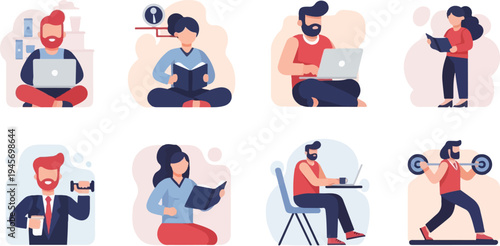 Diverse individuals engaged in various activities like working, reading, and exercising