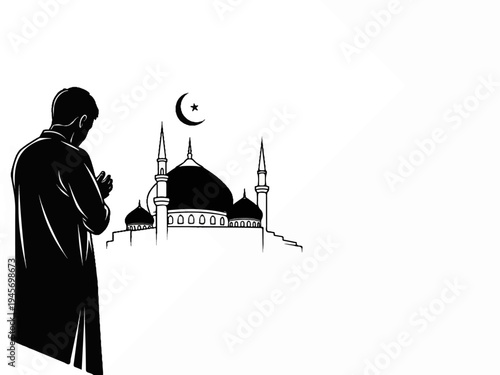 A silhouette of a person praying before a mosque with a crescent moon above