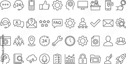 Customer support service line icons set help desk communication call center assistance feedback settings outline vector collection
