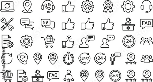 Customer support service line icons set help desk communication call center assistance feedback rating technology outline vector collection