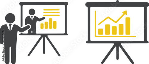 Business professionals presenting data with visual aids and growth charts