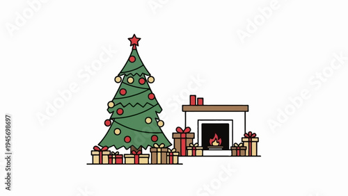 Decorated tree with presents sits by a fireplace with burning logs