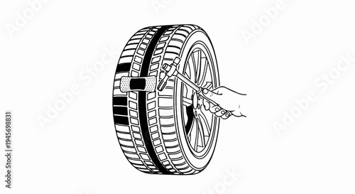 Hand repairing a tire with a patch and tool, illustrative medical aid