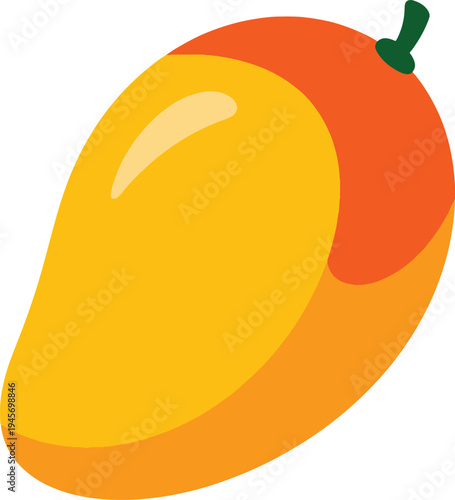 Whole yellow and orange mango with green stem glossy isolated on transparent background vector
