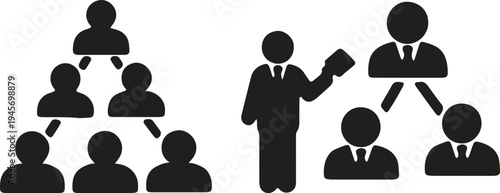 Hierarchical organizational structure with a central presenter figure