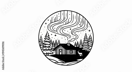 A winter scene of a log cabin, pine trees, and aurora borealis