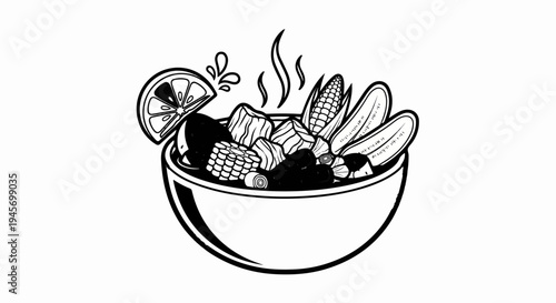 Hearty bowl of steaming stew with corn, meat, and lemon slice garnish