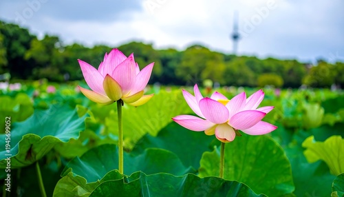 Beautiful pink lotus flowers blooming in a serene garden setting.