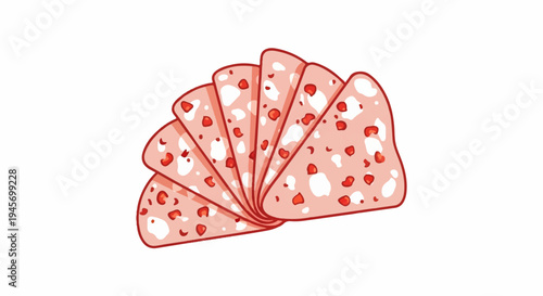 Fan of sliced pink meat with red speckles on a white background