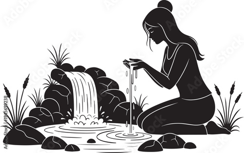 Black silhouette of a woman kneeling by a small waterfall with rocks and plants