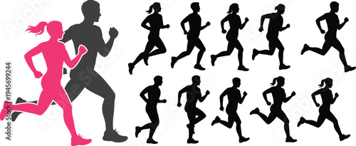 Running silhouettes, athletic motion, pink runner highlight, group jogging, stride variation, dynamic movement, sports training, fitness artwork illustration design