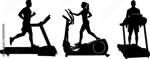 Solid black silhouette of a treadmill and cardio machine, minimalist fitness equipment and gym workout vector illustration isolated on white.