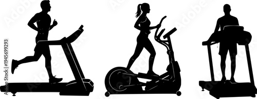 Solid black silhouette of a treadmill and cardio machine, minimalist fitness equipment and gym workout vector illustration isolated on white.