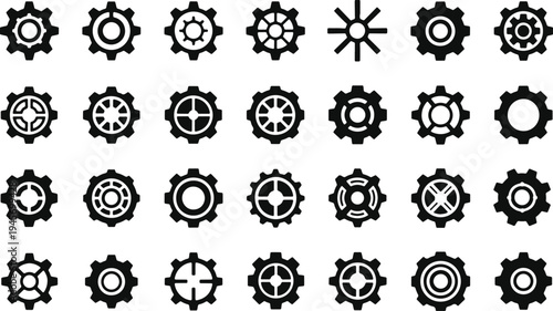 Collection of diverse and stylized gear and cogwheel icons with unique inner designs