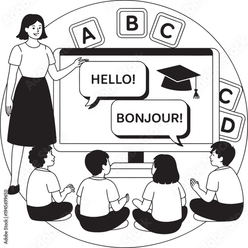 Teacher instructing diverse students in foreign language class online with digital tools and alphabet blocks with language learning