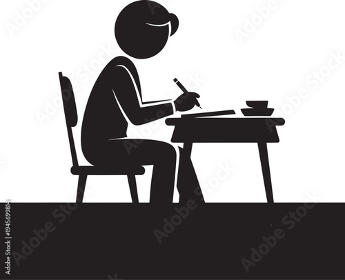 Silhouette of person writing at desk with book and cup, focused on work or study, black and white