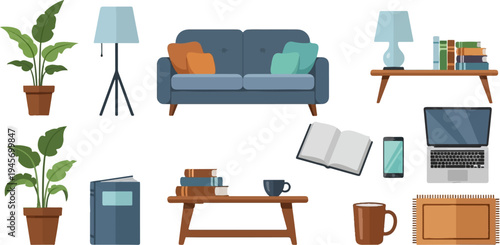 Cozy indoor scene with furniture, books, plants, and tech devices