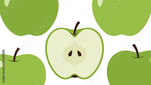 Abstract green apples, one sliced revealing core and seeds, on white
