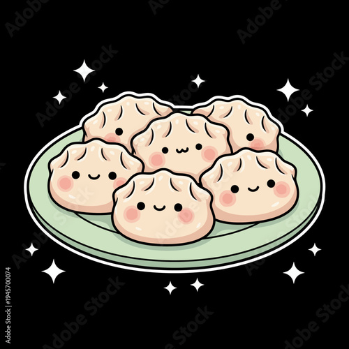 Cartoon dumplings on a plate smiling.