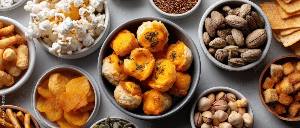 Obraz premium A bowl filled with different snacks placed on a grey surface with space available for text and design elements
