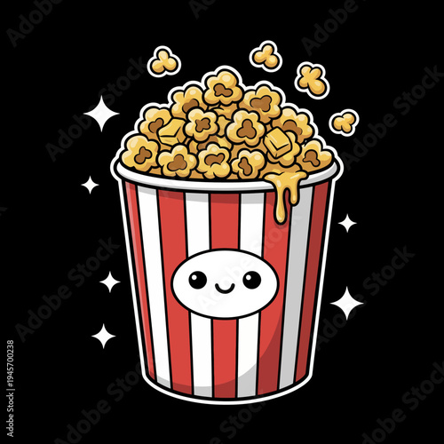 Cartoon popcorn bucket with smiling face.