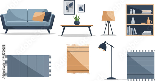 Cozy living room elements couch, table, lamps, bookshelf, and rugs