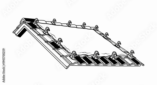 Black and white sketch of a tiled roof with clips