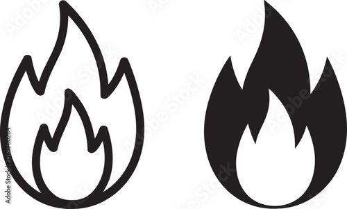Fire flame icon set in outline and solid styles representing heat energy danger and campfire