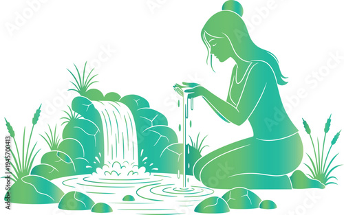 Woman sitting by serene waterfall surrounded by lush greenery and rocks
