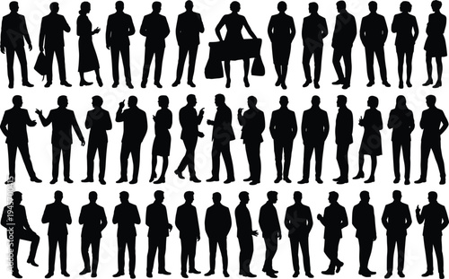 Business people silhouettes, professional attire, office teamwork, briefcase holding, desk sitting, corporate gestures, workplace diversity, business illustration artwork design