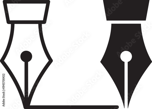 Fountain pen nib icons outline and filled silhouette writing tool symbol isolated on transparent background