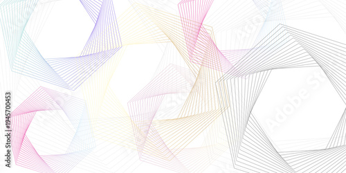 Abstract background with colorful thin overlapping hexagonal spirals, geometric line art vortex design on white