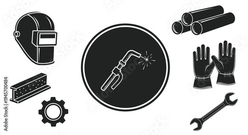 Black and White Line Art Icons of Welding Gear and Tools for Industry