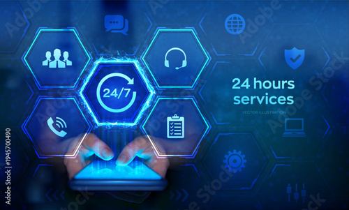24 hours services. 24-7 support. Customer help. Tech support application interface on virtual screen. Technical support. Customer service. Smartphone in hands. Using smartphone. Vector illustration.