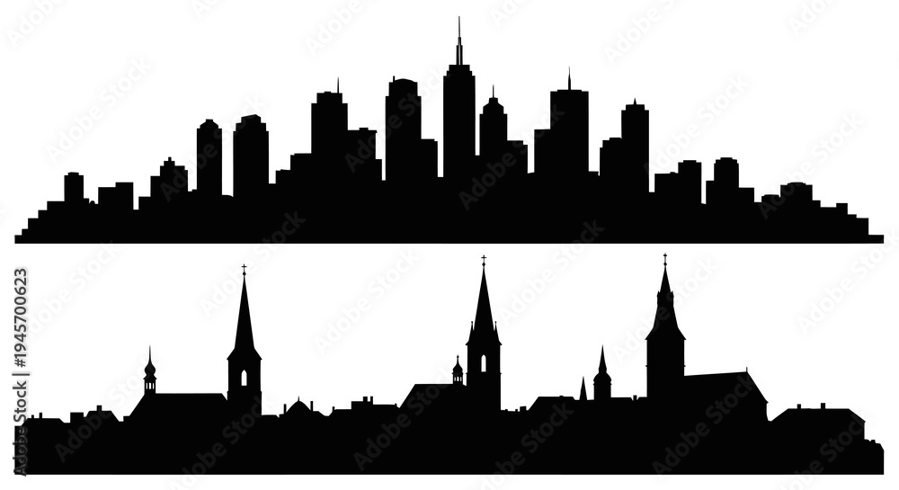 Fototapeta premium Black White Cityscape Silhouettes: Modern Skyscrapers and Church Spires