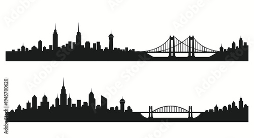 City Skyline Silhouette with Bridges, Buildings, Sun, Vector Art