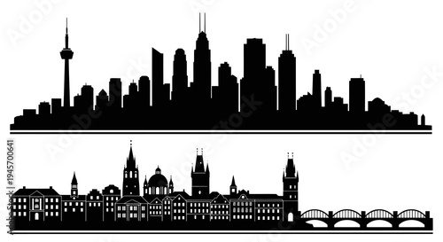Black and White City Skyline Silhouettes: Modern Skyscrapers and Historic Buildings