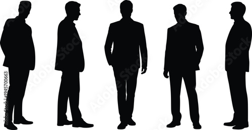 Business professional silhouettes, suit attire, walking forward, corporate stance, group dynamics, identity concept, workplace illustration, corporate artwork design