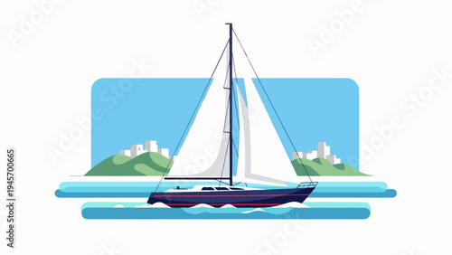 Sailboat glides on blue water near green hills with distant buildings