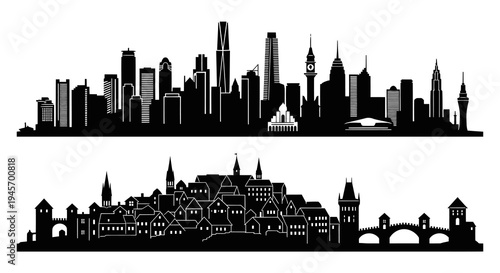 Black  White Silhouette Skyline of Modern City and Old European Town