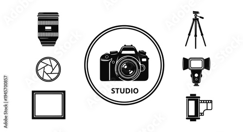 Black and white photography studio icons: camera, lens, tripod, film, flash, frame