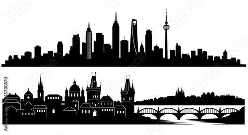 Black and White Skyline Silhouettes of Modern and Historic Cityscapes