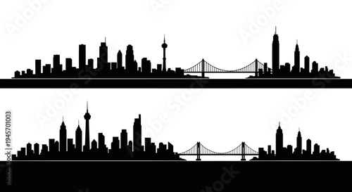 Black and White Skyline Silhouettes of City Buildings and Bridges